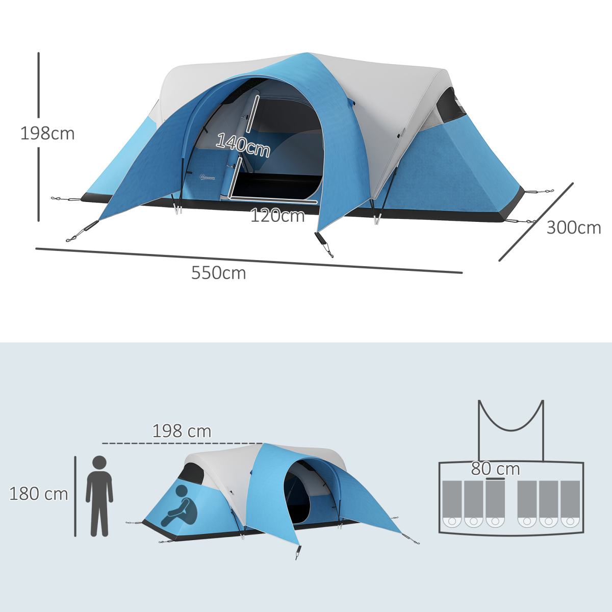 3000mm Waterproof Camping Tent with Porch & Sewn in Groundsheet, Blue