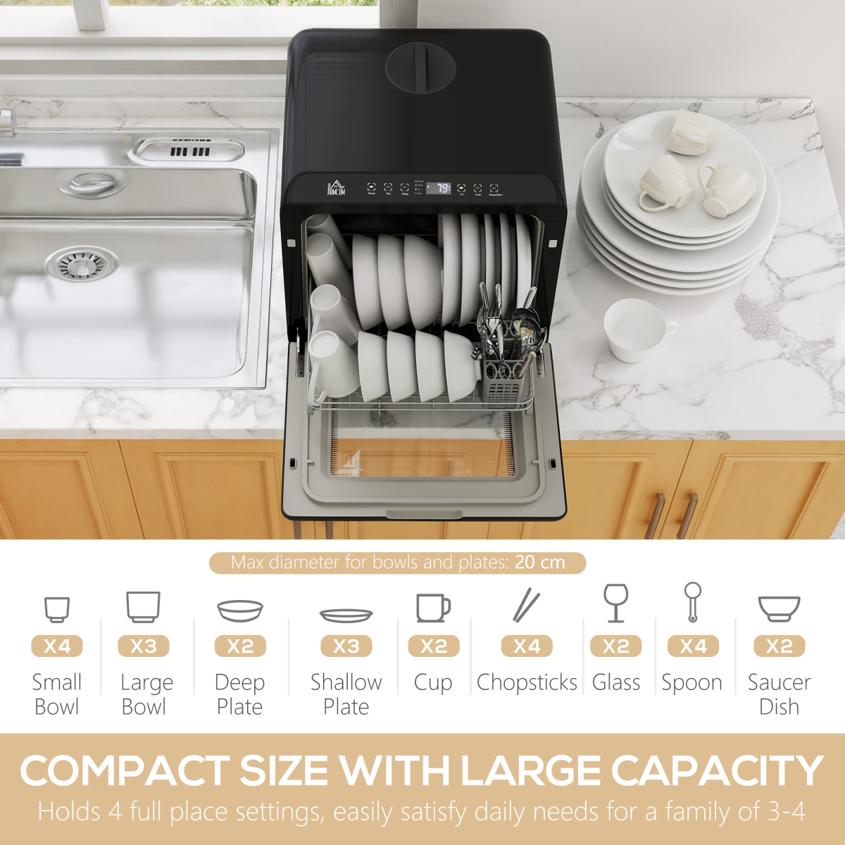 Countertop Dishwasher with Dual Water Supply and 6 Programs, Black