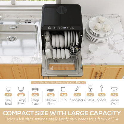 Countertop Dishwasher with Dual Water Supply and 6 Programs, Black