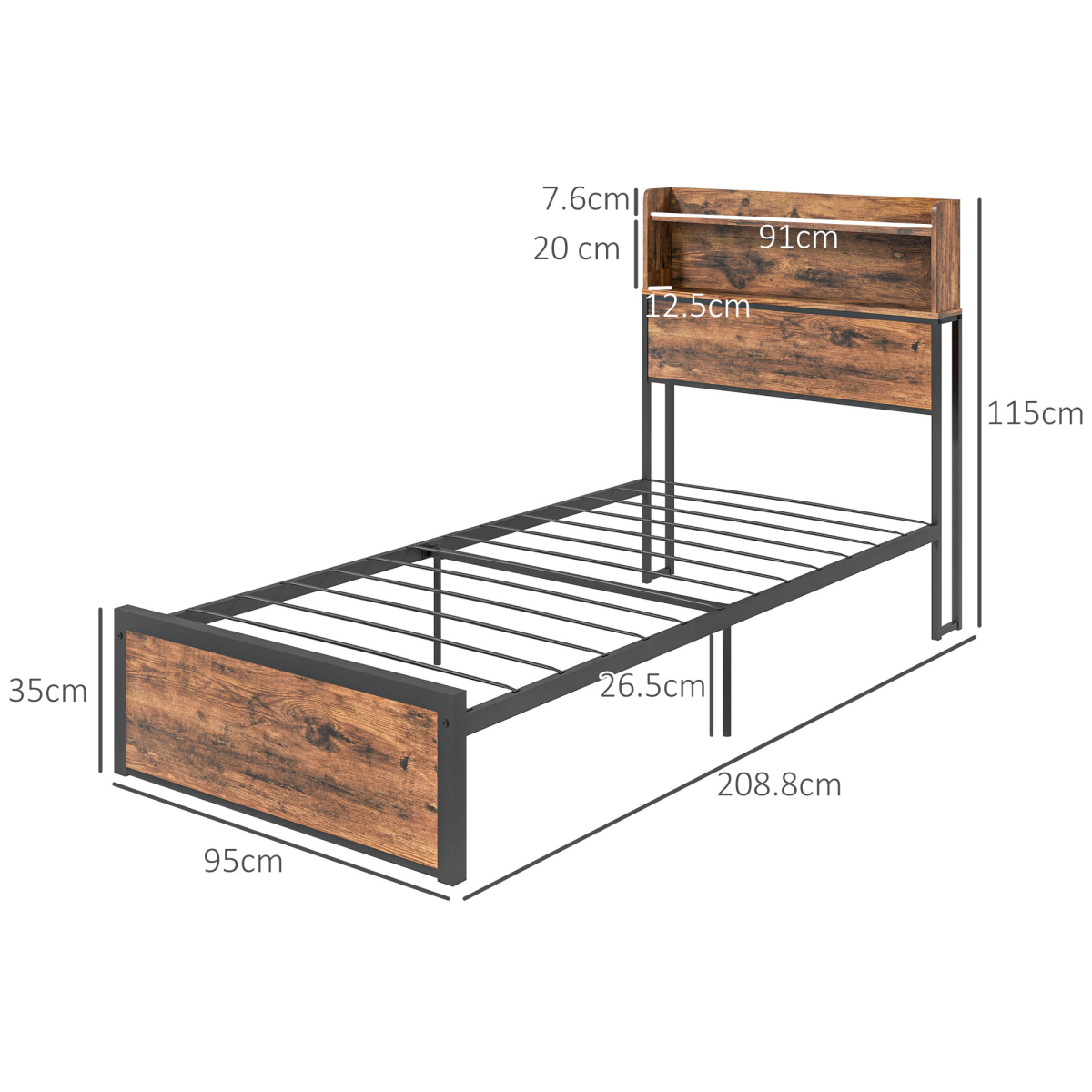 Industrial Chic Single Bed Frame with Storage Headboard & Under-Bed Space
