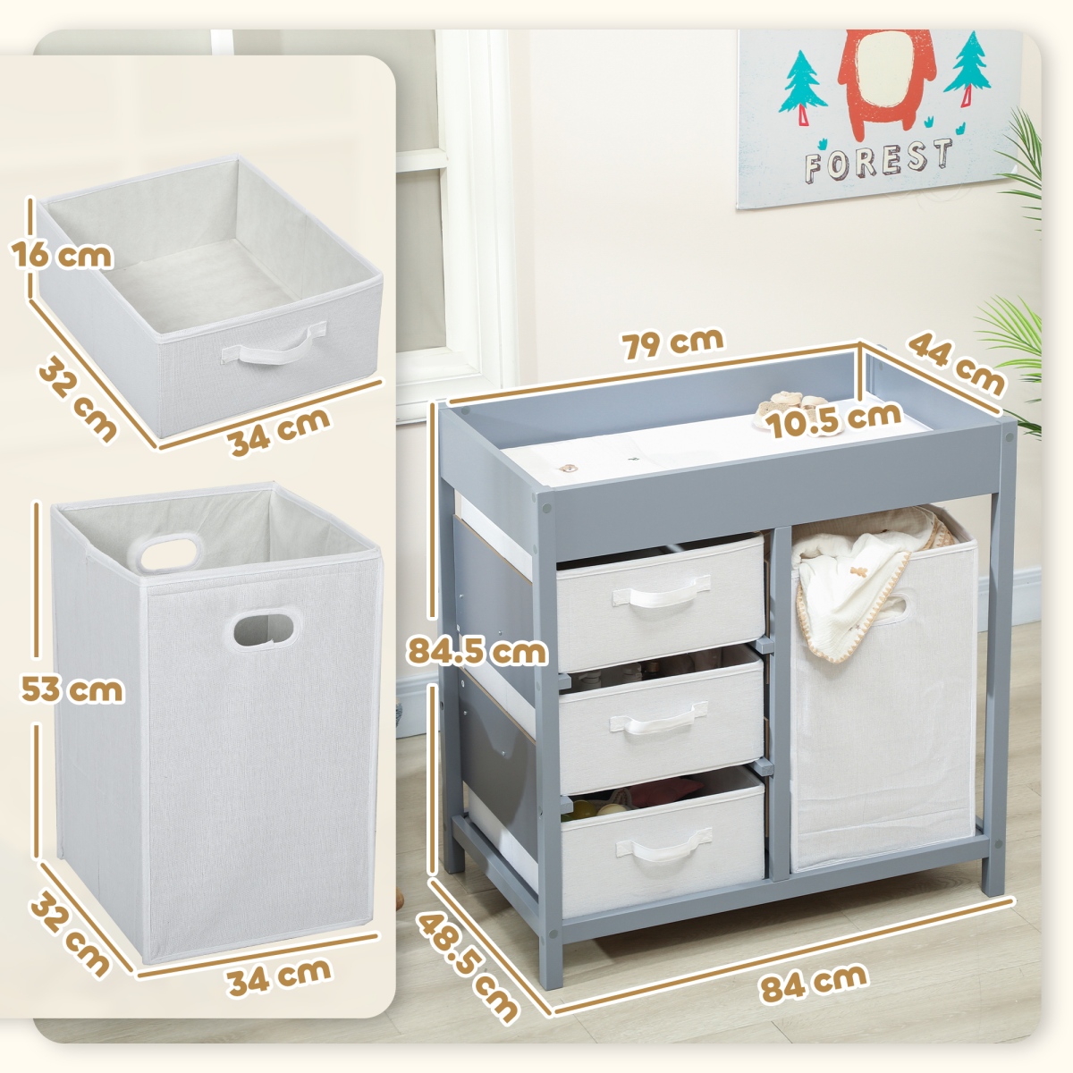 Elegant Grey Baby Changing Table with Storage and Comfort Padding