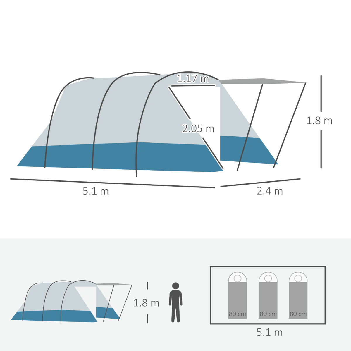 6-8 Person Tunnel Tent, Two-room Camping Tent with Carry Bag, Blue