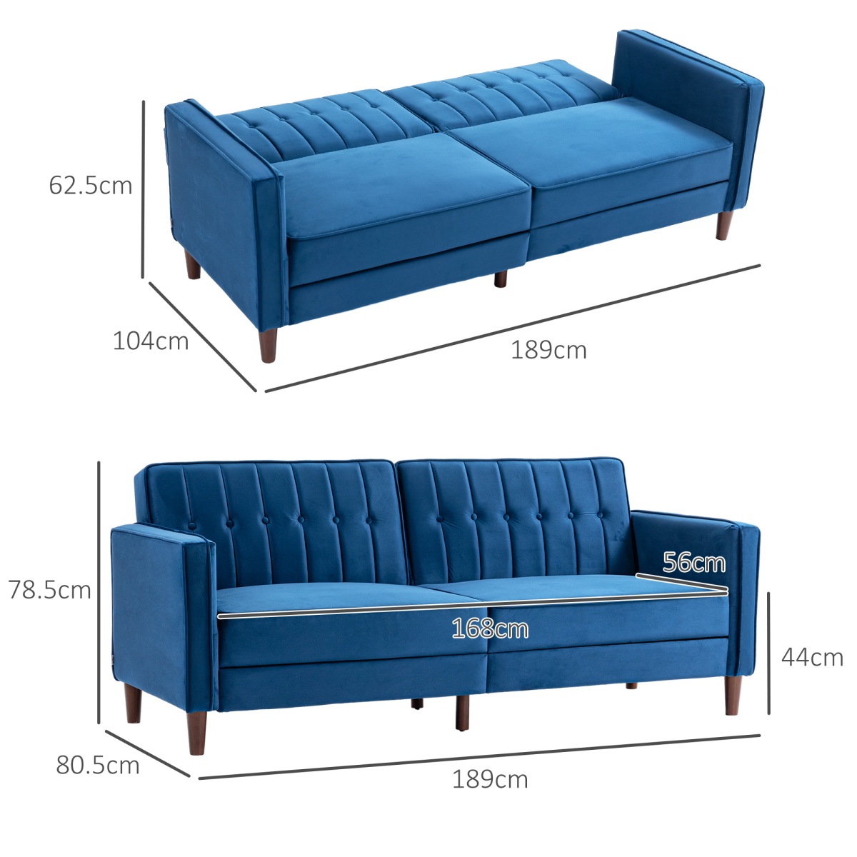 Convertible Sofa Futon Velvet-Touch Tufted Couch Sofa Bed Split Back Blue