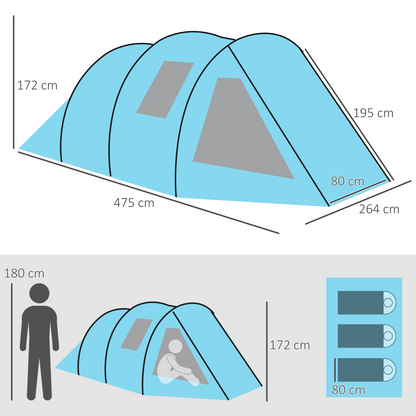 3-4 Person Dual Room Tunnel Tent with Ventilated Windows - Blue