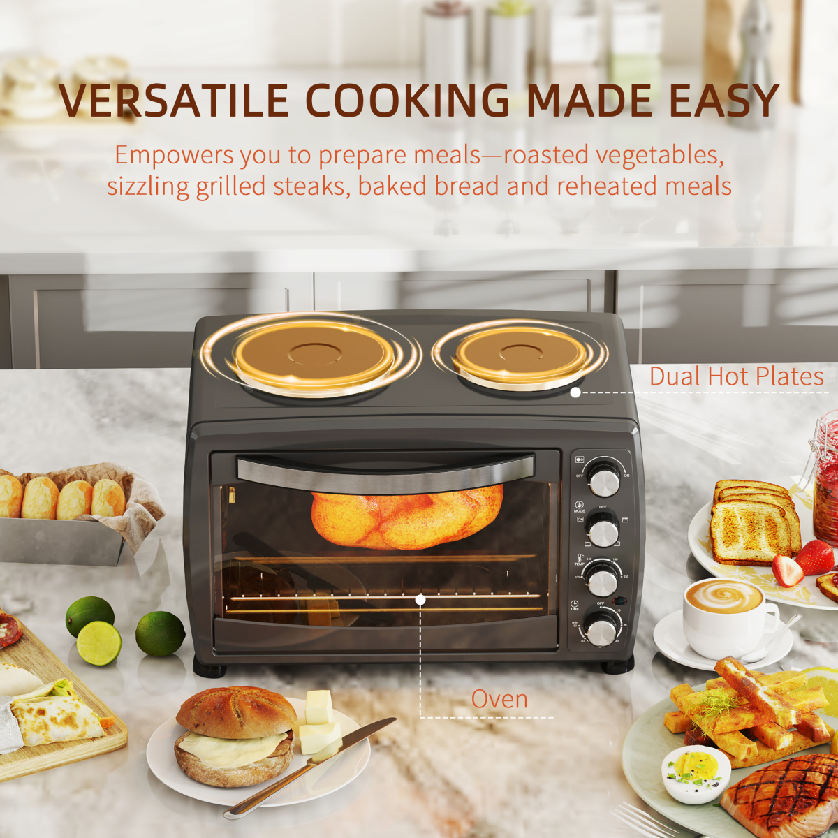 HOMCOM 36L Dual-Plate Countertop Oven 2600W with Grill, Roast & Bake