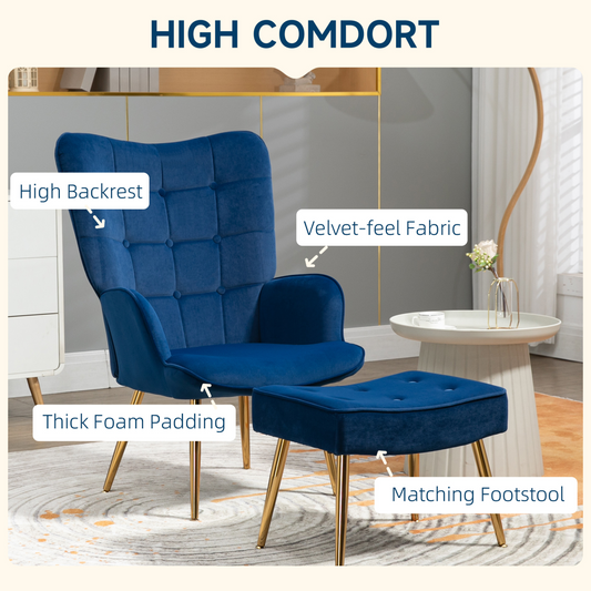 Opulent Velvet Tufted Armchair & Footstool with Gold Legs - Dark Blue