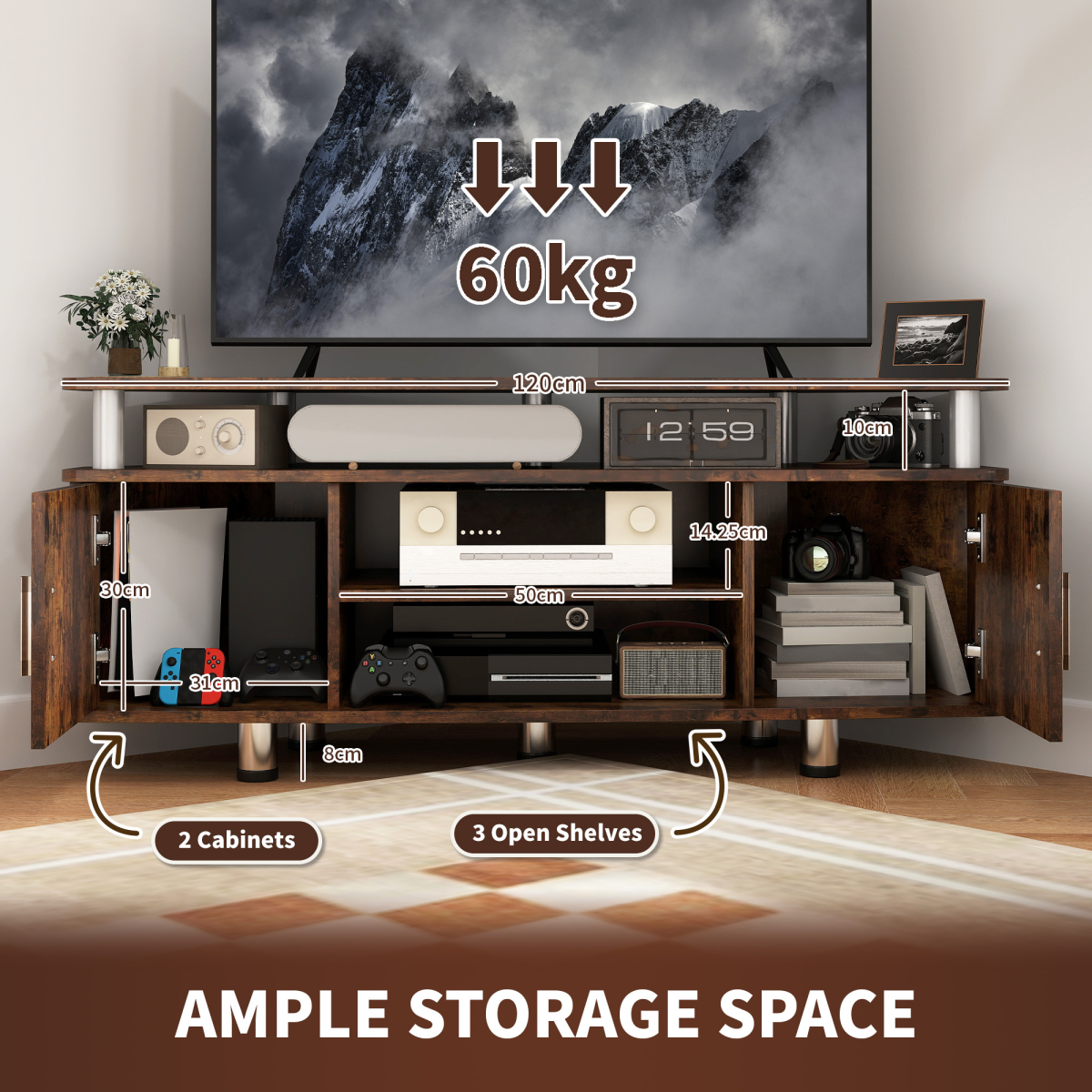 Rustic Elegance: 120cm TV Unit with Storage & Display Shelves
