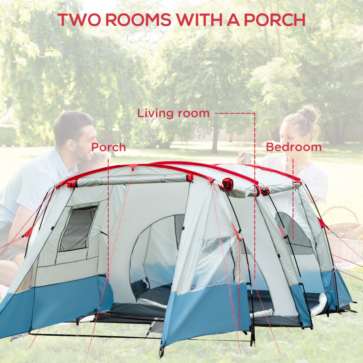 6-8 Person Tunnel Tent, Two-room Camping Tent with Carry Bag, Blue