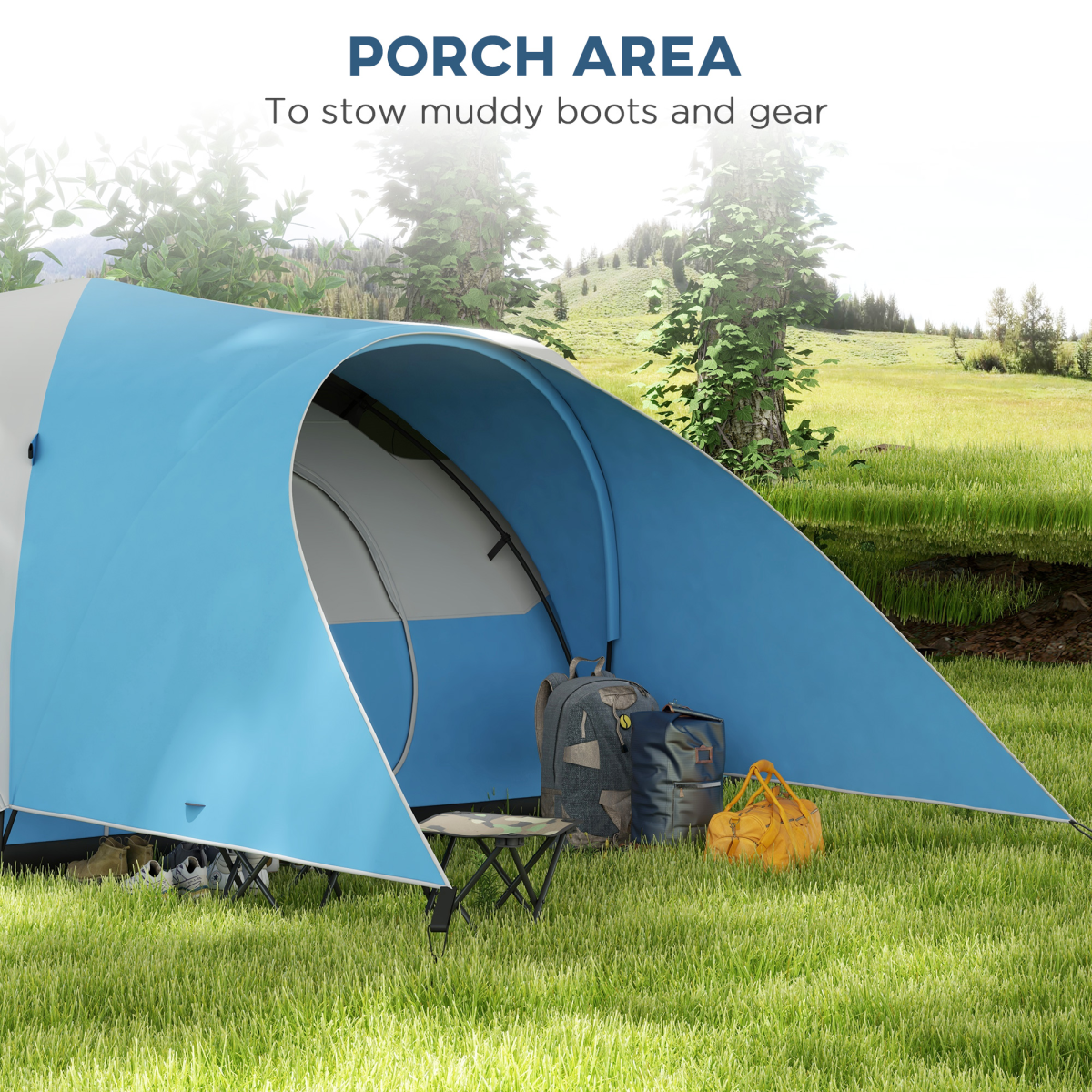 3000mm Waterproof Camping Tent with Porch & Sewn in Groundsheet, Blue