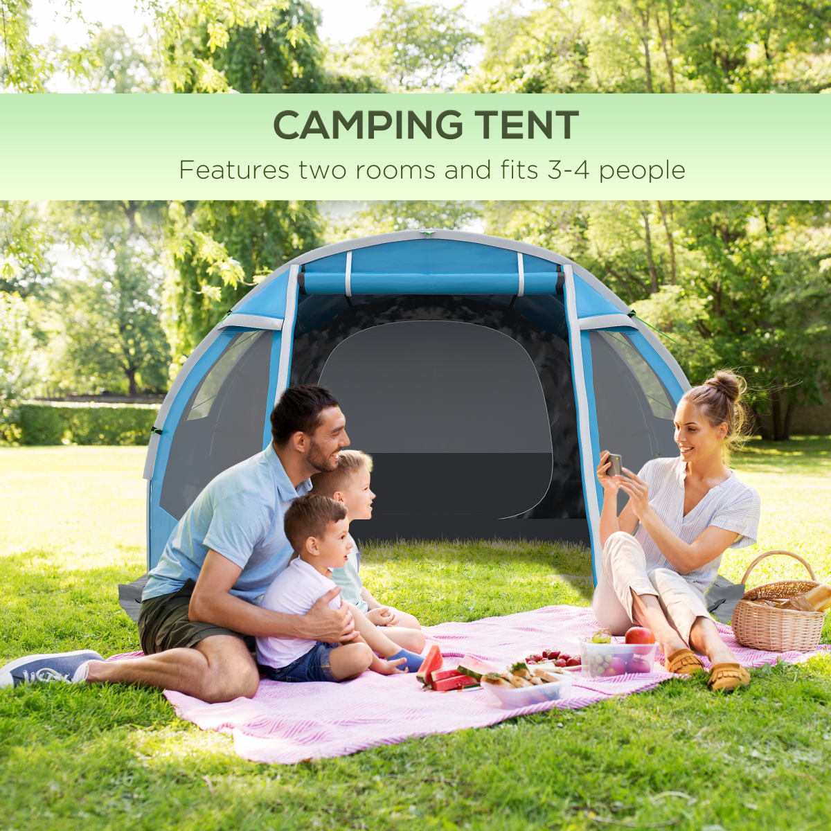 3-4 Person Dual Room Tunnel Tent with Ventilated Windows - Blue