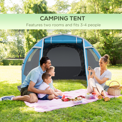 3-4 Person Dual Room Tunnel Tent with Ventilated Windows - Blue