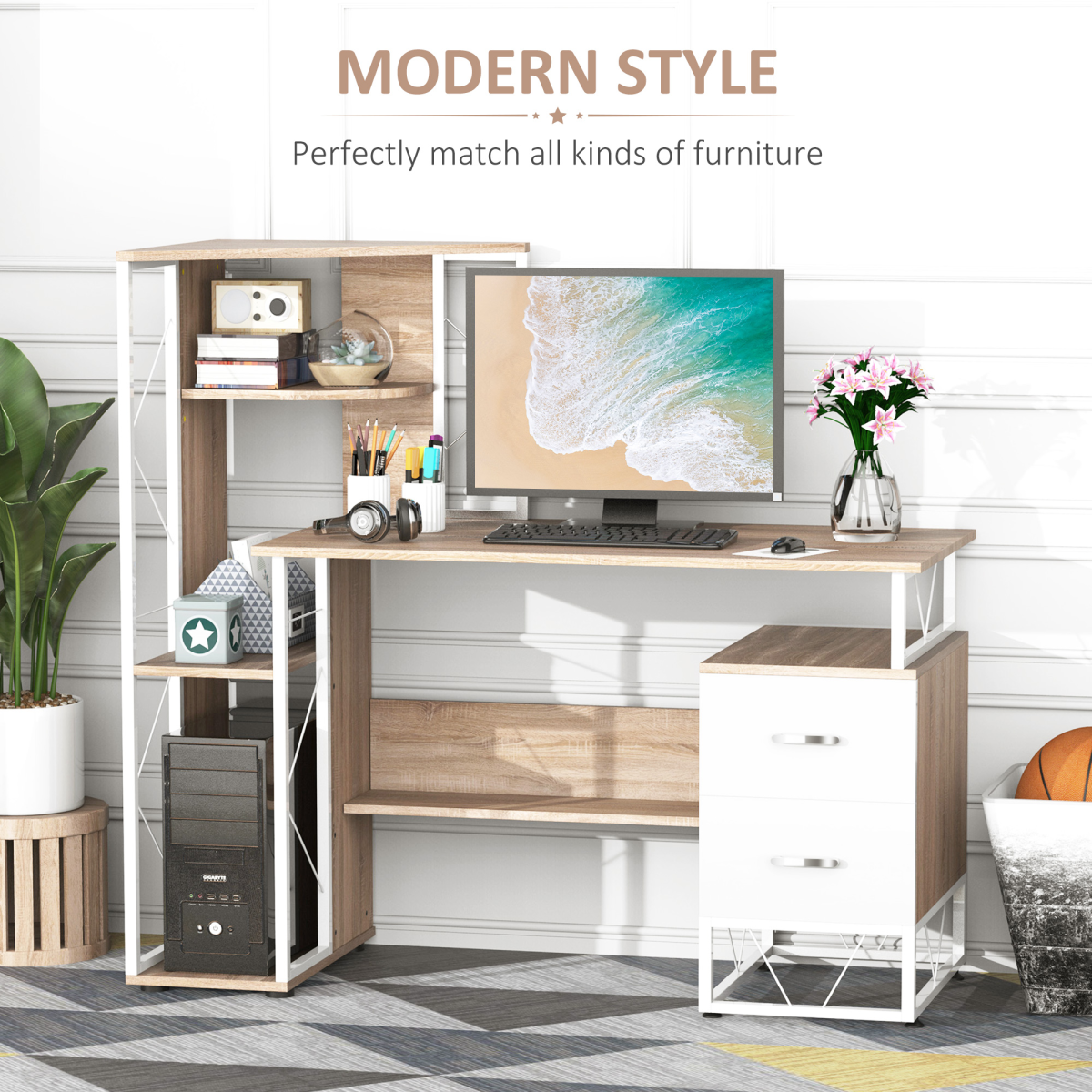 Elegant Oak & White Workstation Desk with 2 Drawers and Multi-Shelf Design