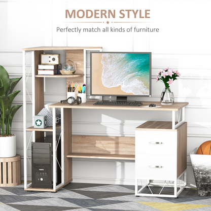 Elegant Oak & White Workstation Desk with 2 Drawers and Multi-Shelf Design
