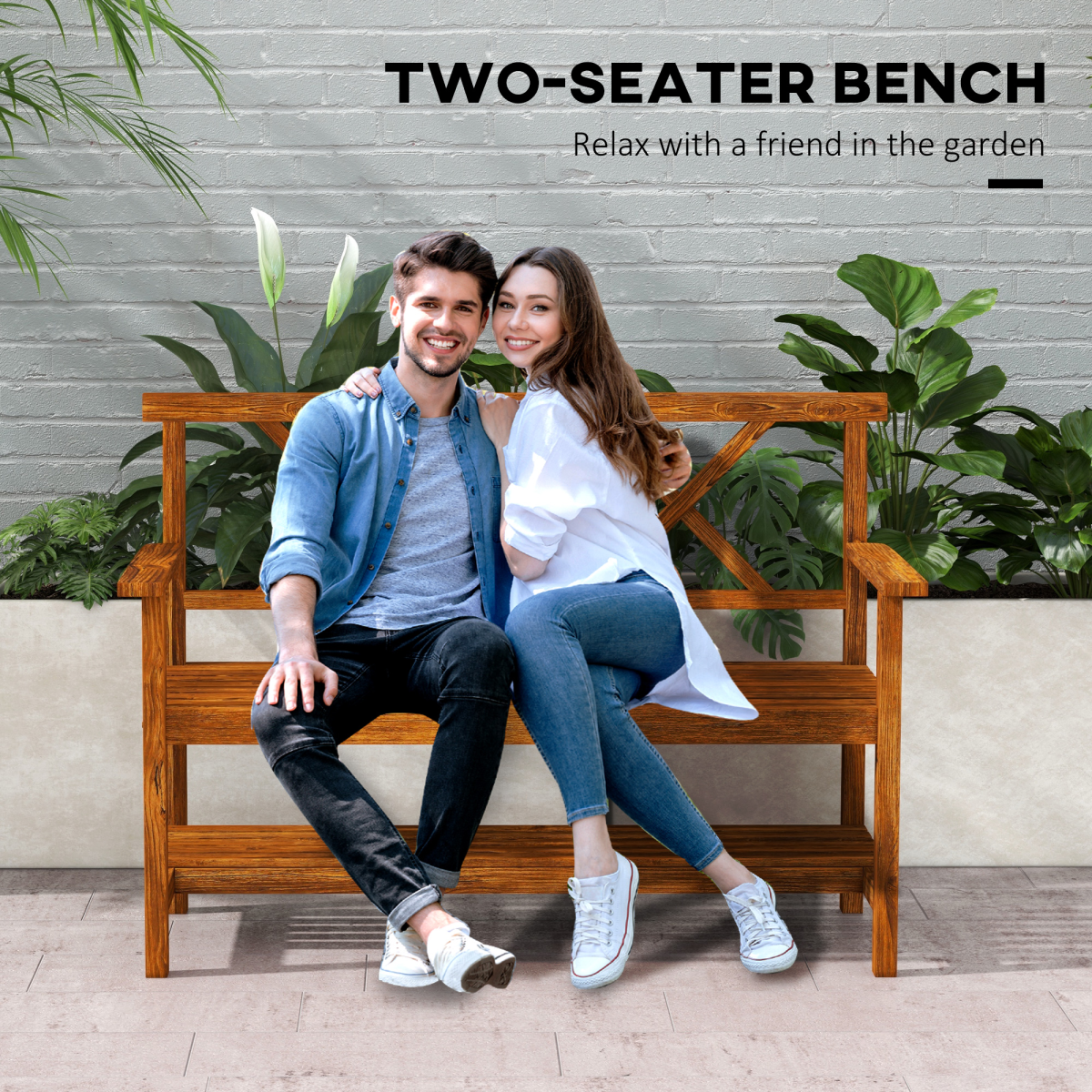Outsunny 2-Seater Outdoor Wooden Garden Bench with Storage Shelf, Carbonized