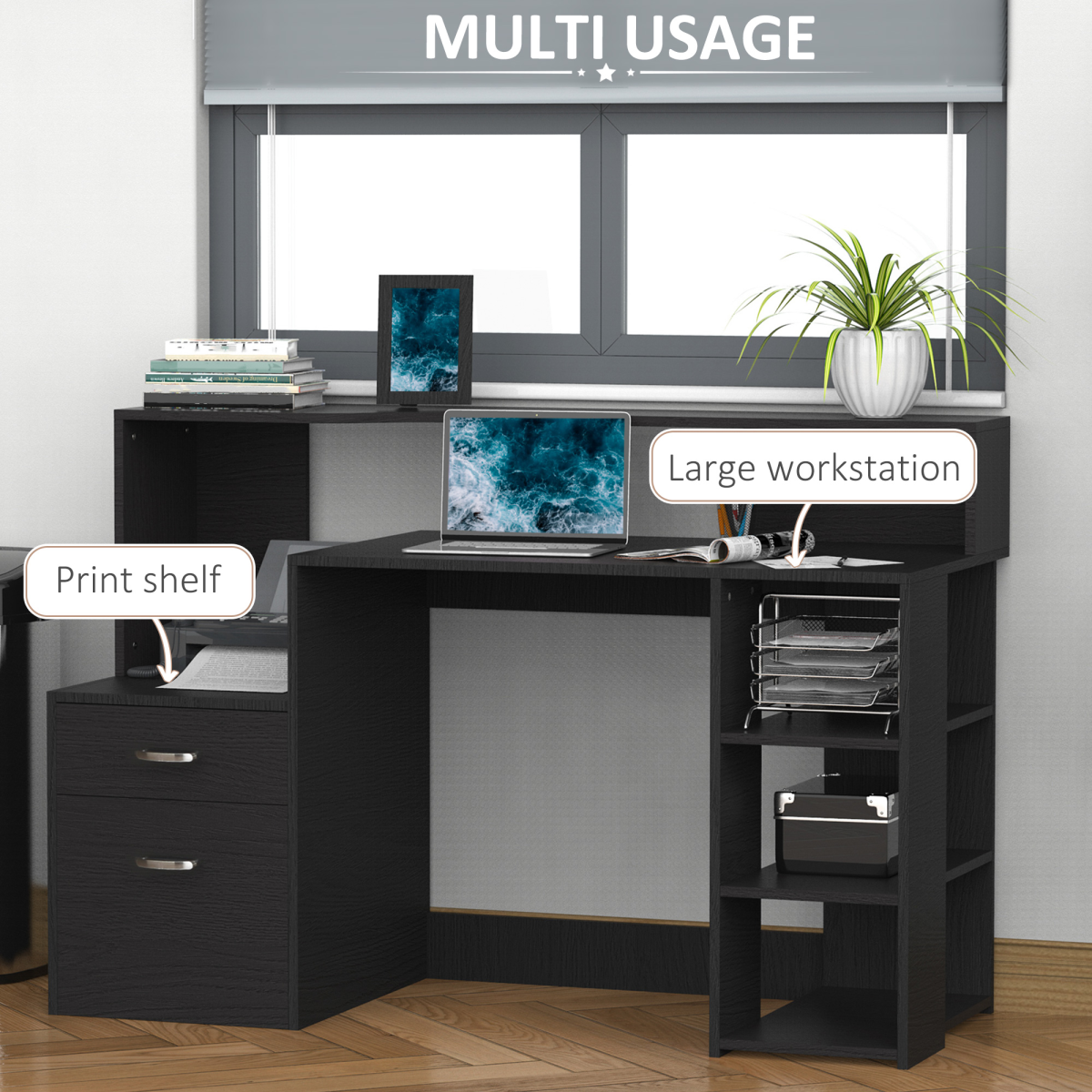 Multi-Storage & Workstation Desk Table Storage Shelves  Office Black