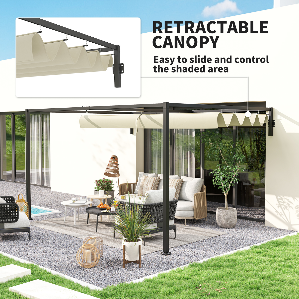 Wall Mounted Pergola with Retractable Roof, Khaki 3 x 4m