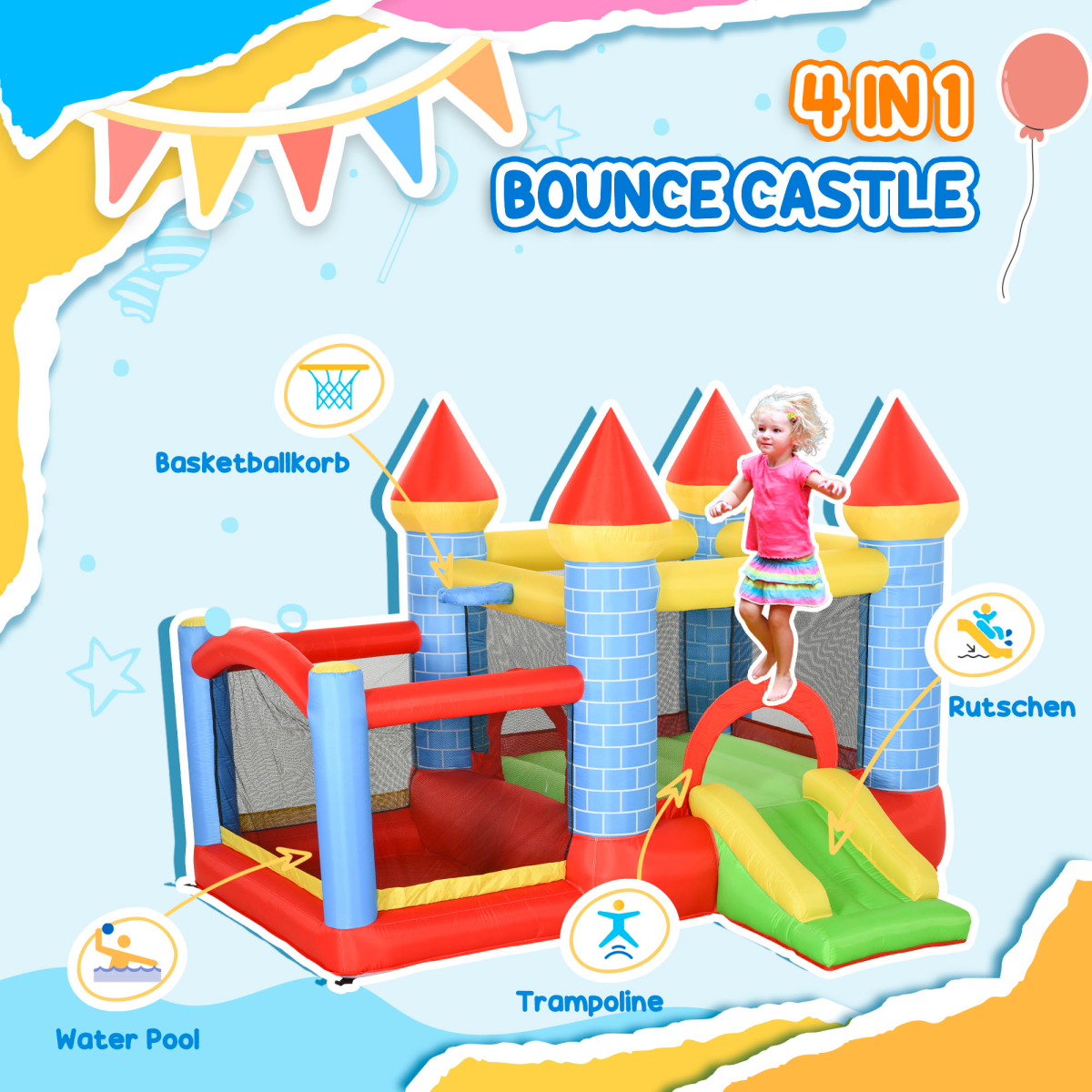 4-in-1 Bouncy Castle with Slide & Pool - Fun Anywhere, Quick Inflate!