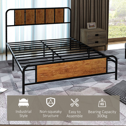 Industrial Steel Double Bed Frame with Headboard - Space-Saving Vintage Style
