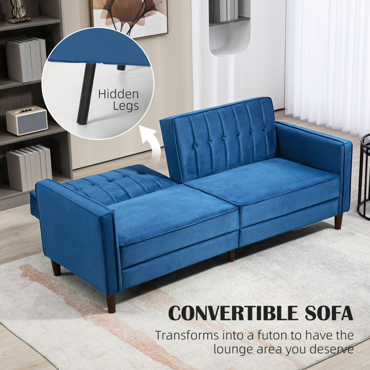 Convertible Sofa Futon Velvet-Touch Tufted Couch Sofa Bed Split Back Blue
