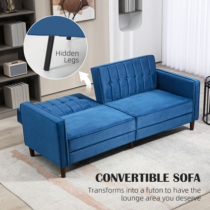 Convertible Sofa Futon Velvet-Touch Tufted Couch Sofa Bed Split Back Blue