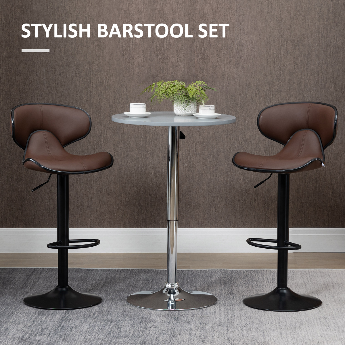 Set of 2 Gas Lift Bar Stools with Backrest, Footrest, Brown Faux Leather