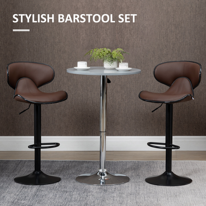 Set of 2 Gas Lift Bar Stools with Backrest, Footrest, Brown Faux Leather