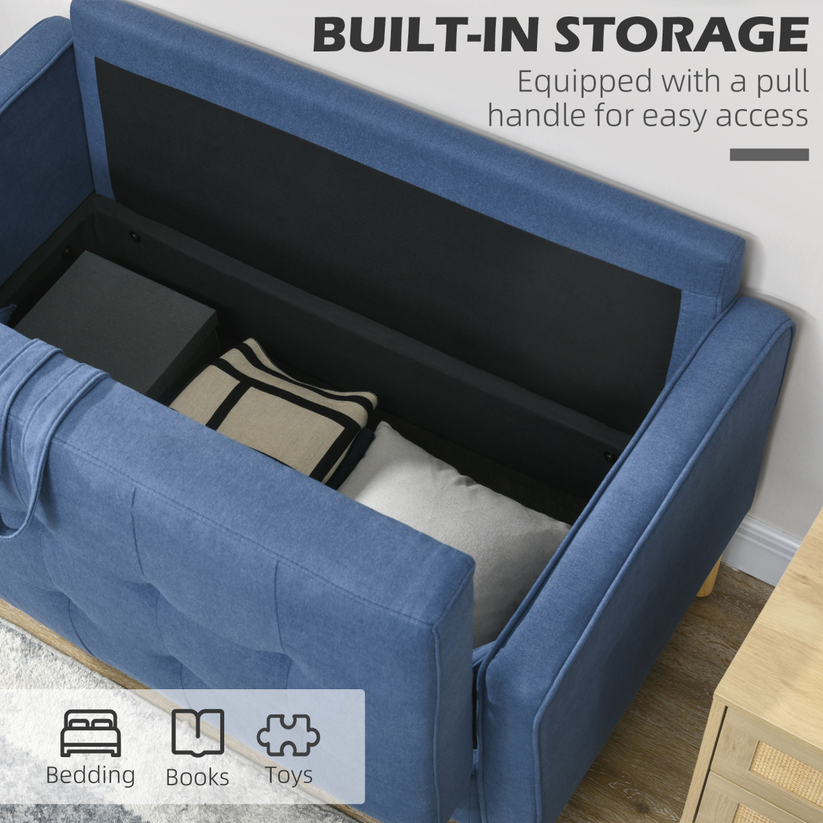Compact Loveseat Sofa 2 Seater Sofa with Storage and Wood Legs Blue
