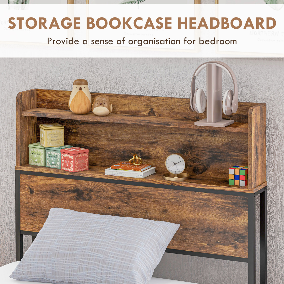 Industrial Chic Single Bed Frame with Storage Headboard & Under-Bed Space