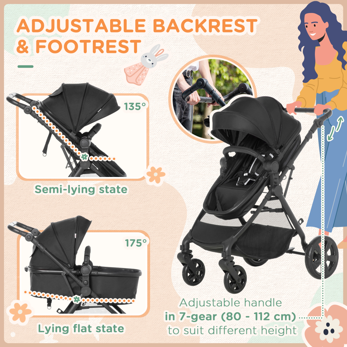 Versatile Foldable Baby Pushchair: Reclines, Compact & Lightweight Stroller – Black