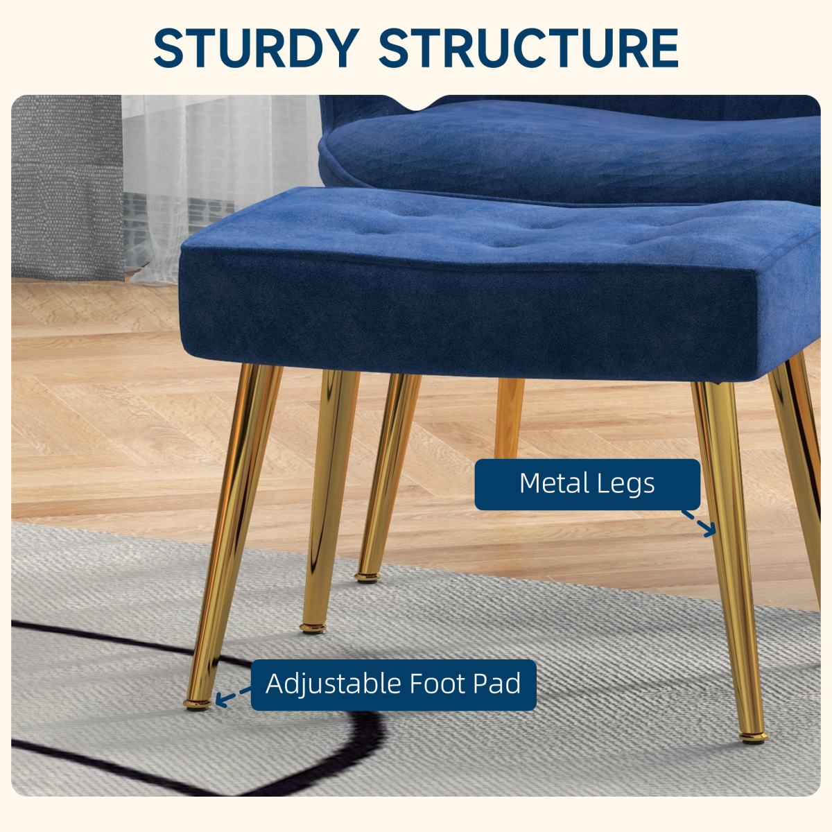Opulent Velvet Tufted Armchair & Footstool with Gold Legs - Dark Blue