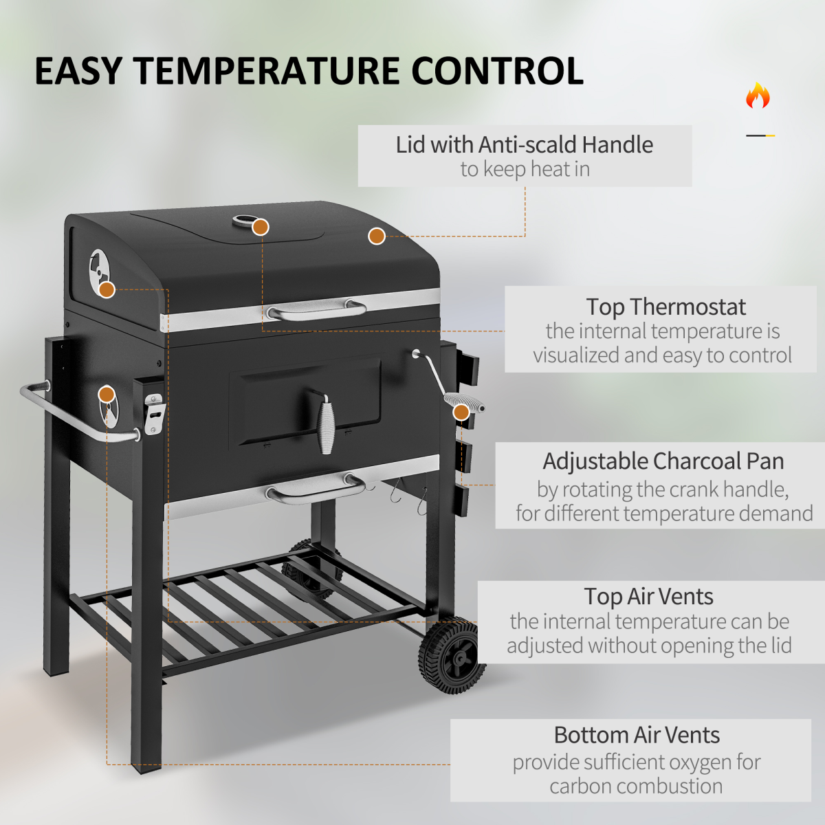 Charcoal Grill BBQ Trolley Wheels Shelf Side Thermometer Steel Black