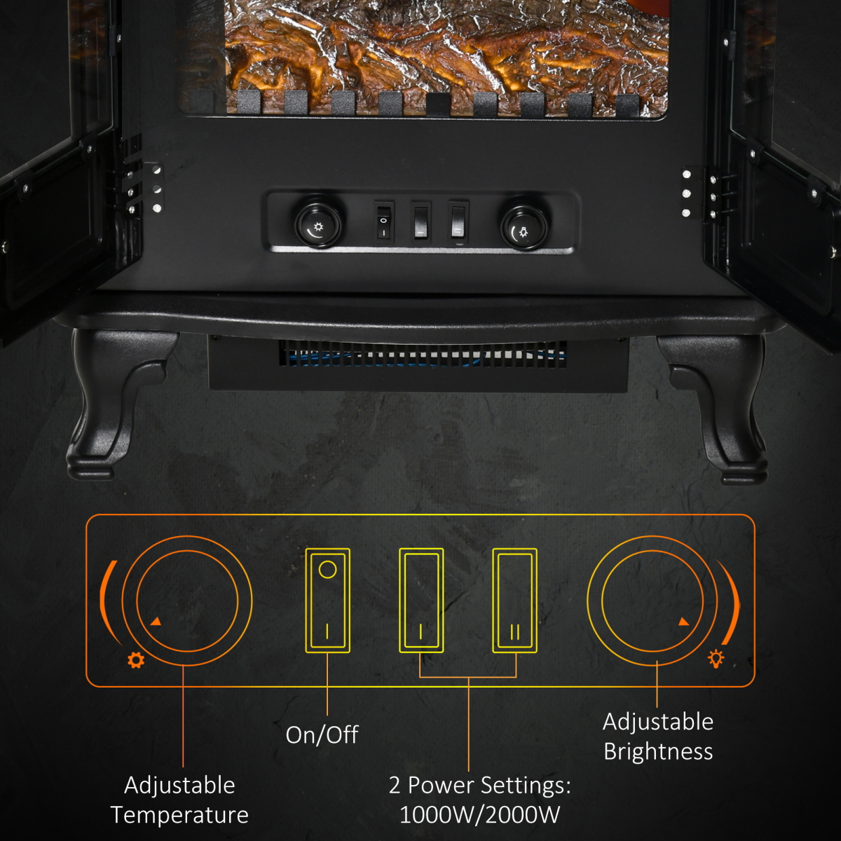 Stylish Electric Fireplace with LED Flame Effect & Double Door - 1000W/2000W