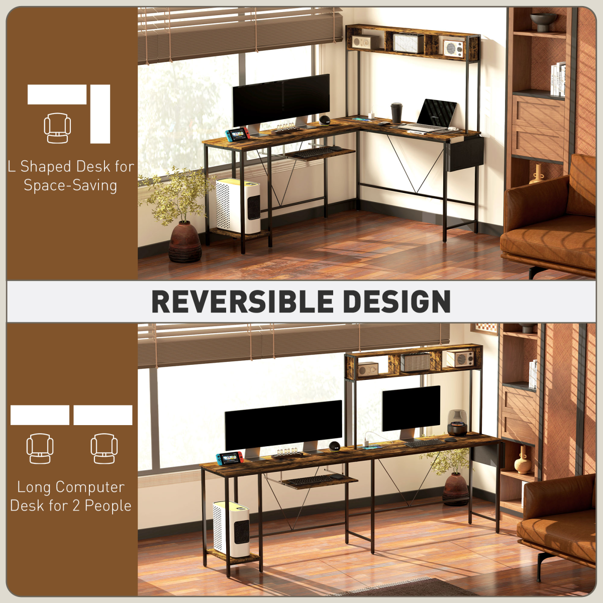 L-Shaped Reversible Corner Desk with USB Charging for Dual Use