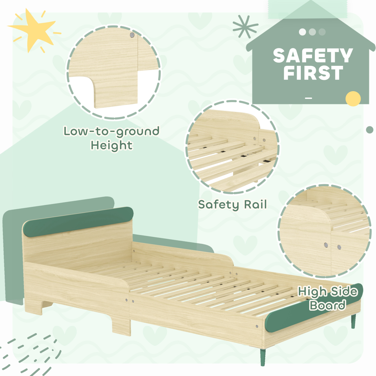 Toddler Bed with Safety Rails - Stylish Green Junior Bed for Kids