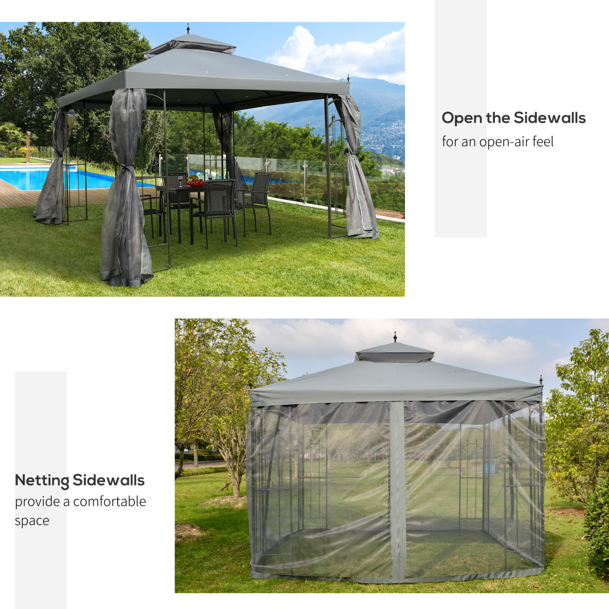 Garden Gazebo Double Top Gazebo Canopy w/ Curtains Grey 3 x 3(m)