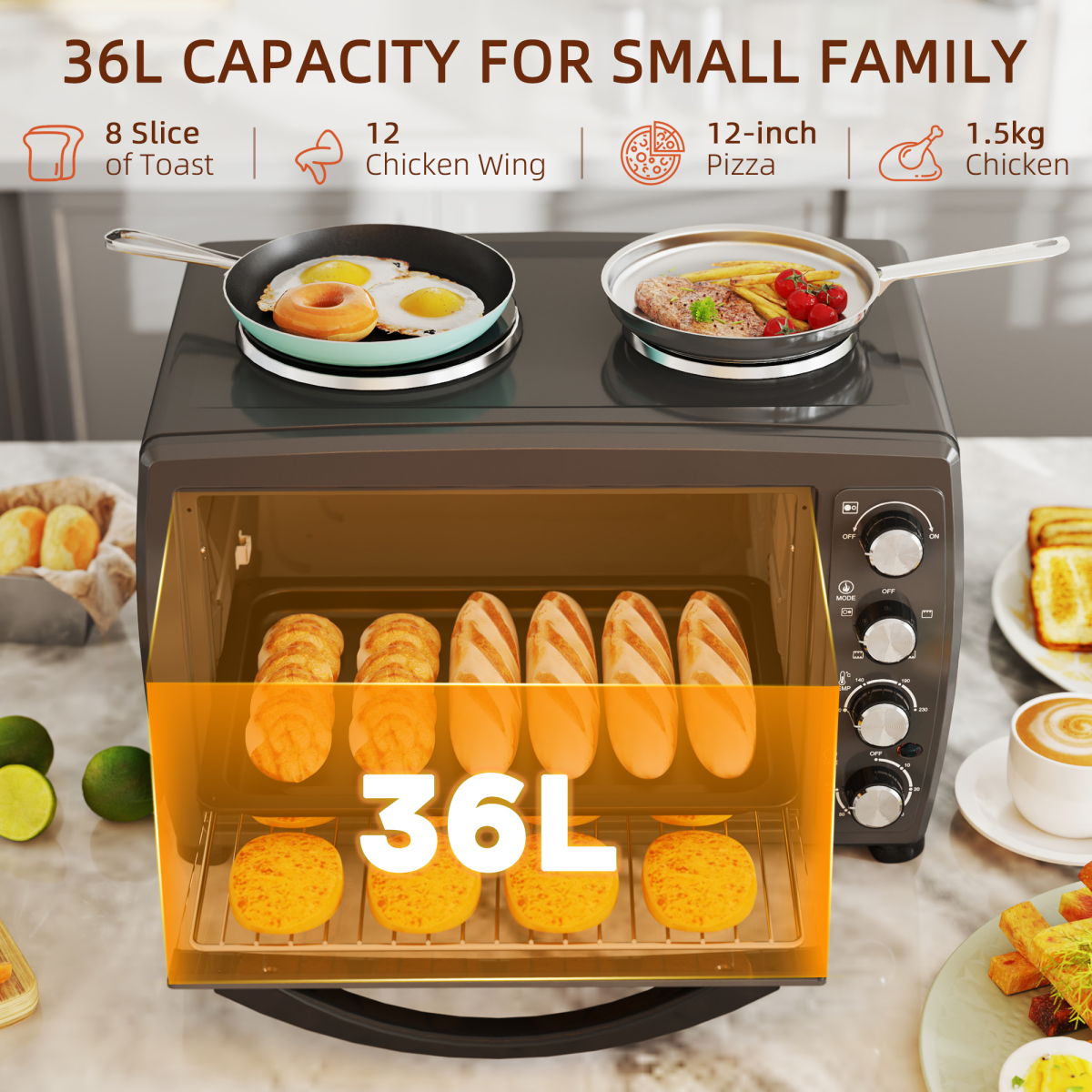 HOMCOM 36L Dual-Plate Countertop Oven 2600W with Grill, Roast & Bake
