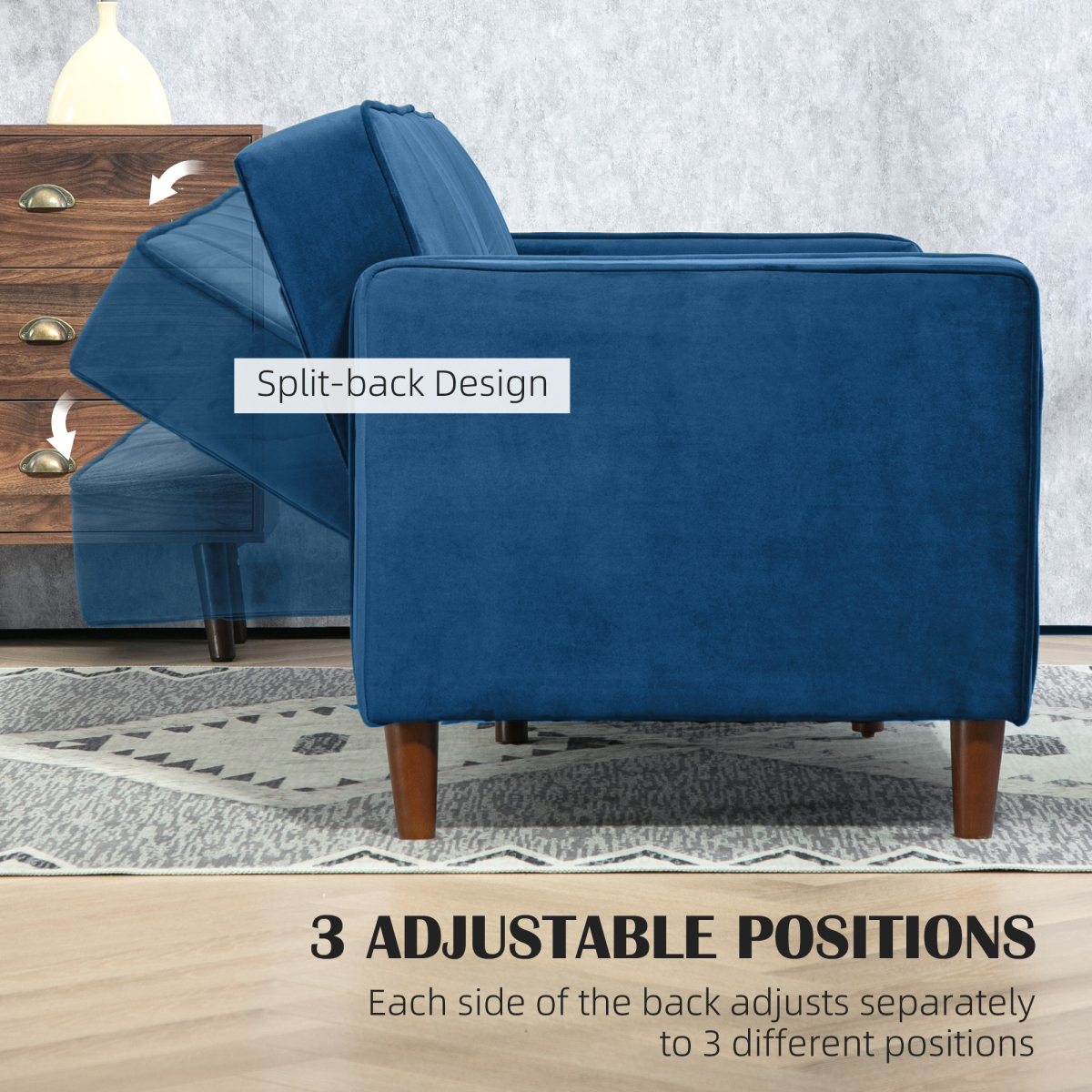 Convertible Sofa Futon Velvet-Touch Tufted Couch Sofa Bed Split Back Blue