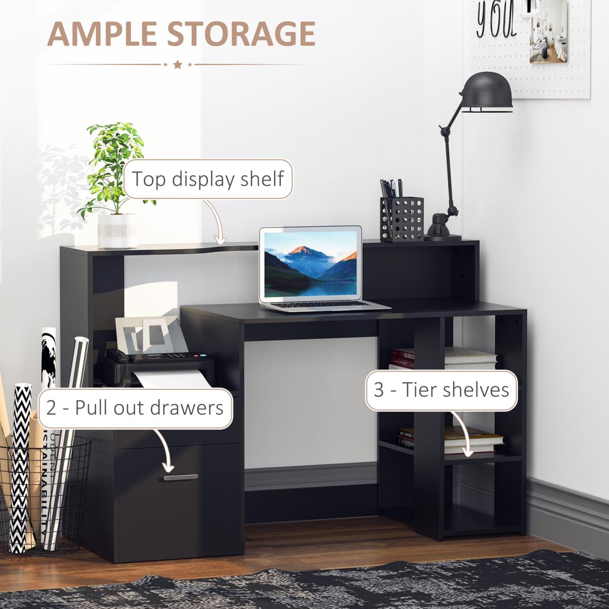 Multi-Storage & Workstation Desk Table Storage Shelves  Office Black
