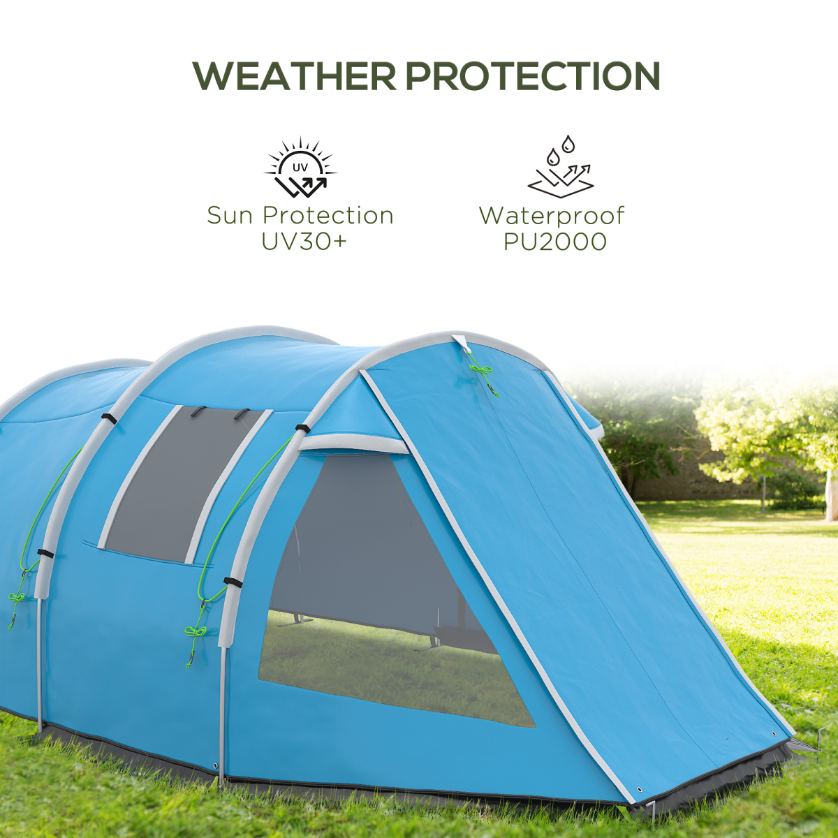 3-4 Person Dual Room Tunnel Tent with Ventilated Windows - Blue