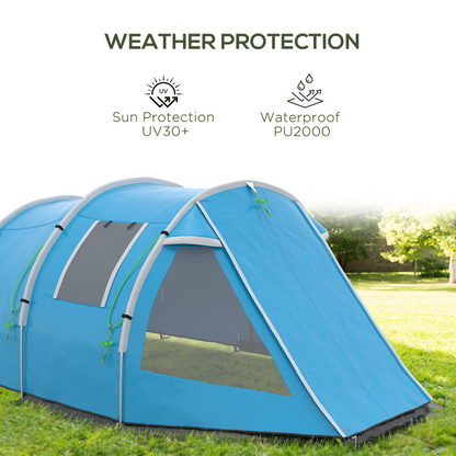 3-4 Person Dual Room Tunnel Tent with Ventilated Windows - Blue