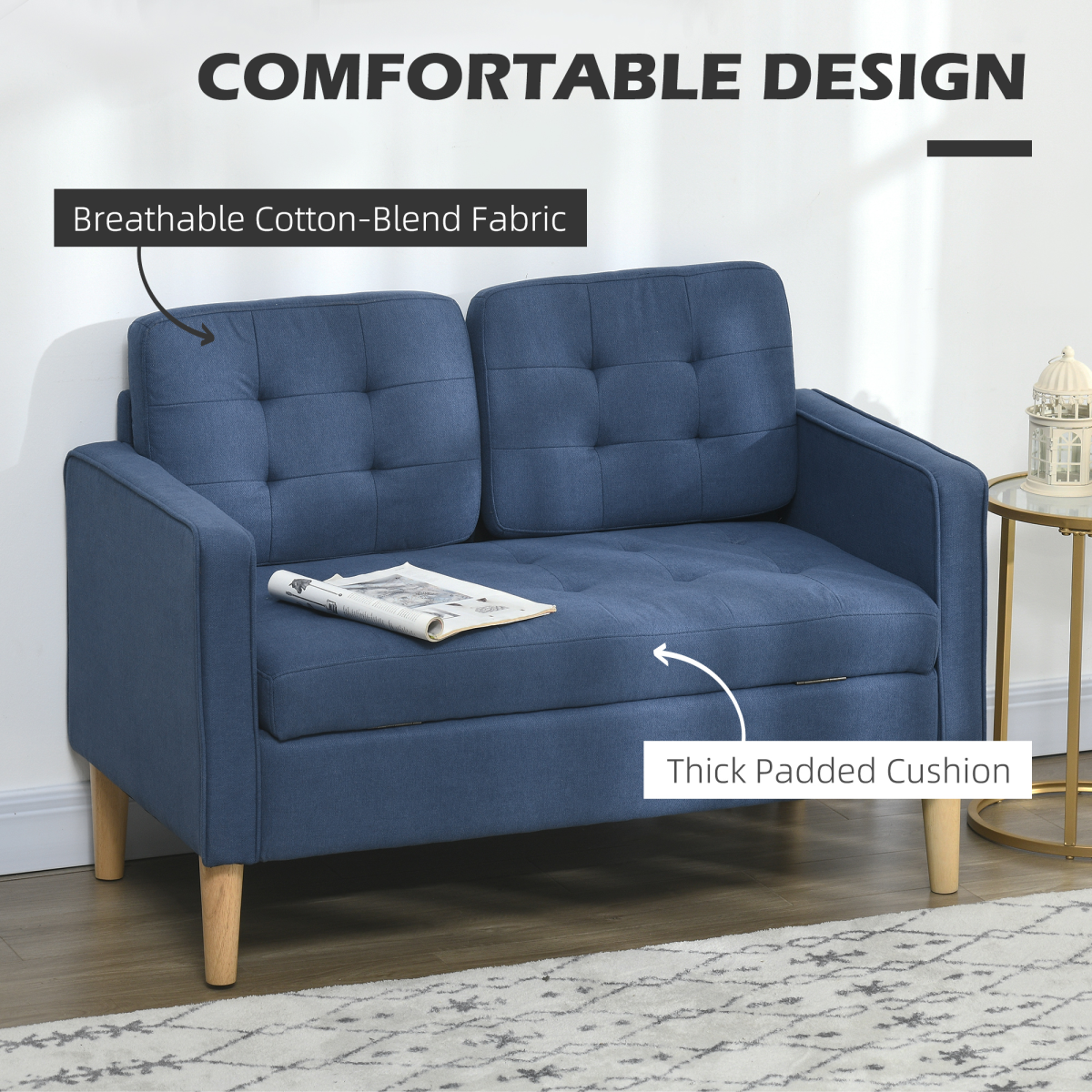Compact Loveseat Sofa 2 Seater Sofa with Storage and Wood Legs Blue