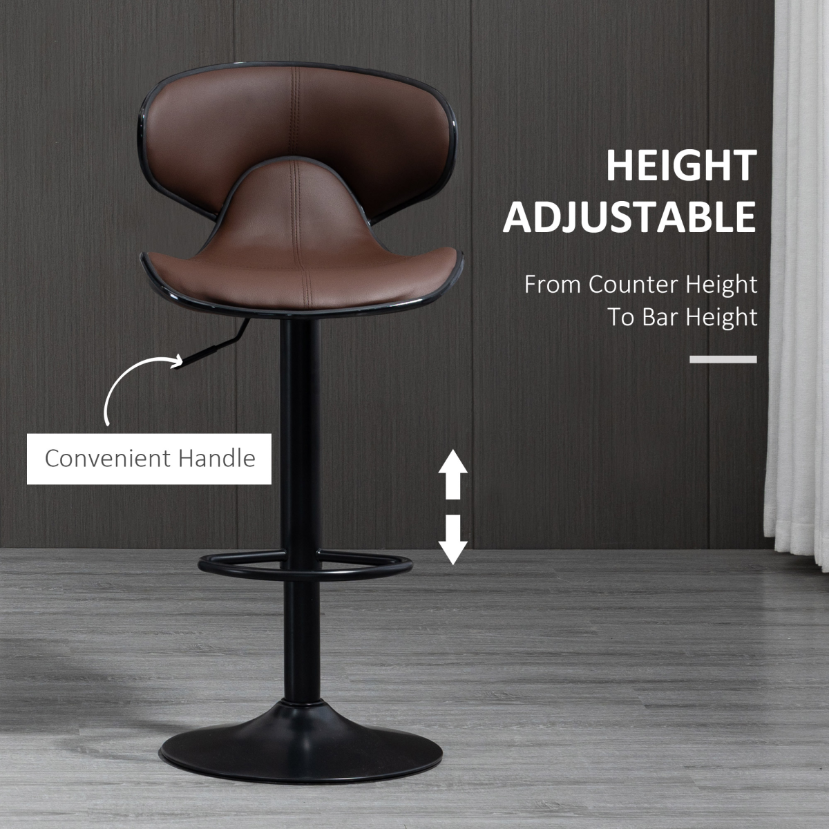 Set of 2 Gas Lift Bar Stools with Backrest, Footrest, Brown Faux Leather