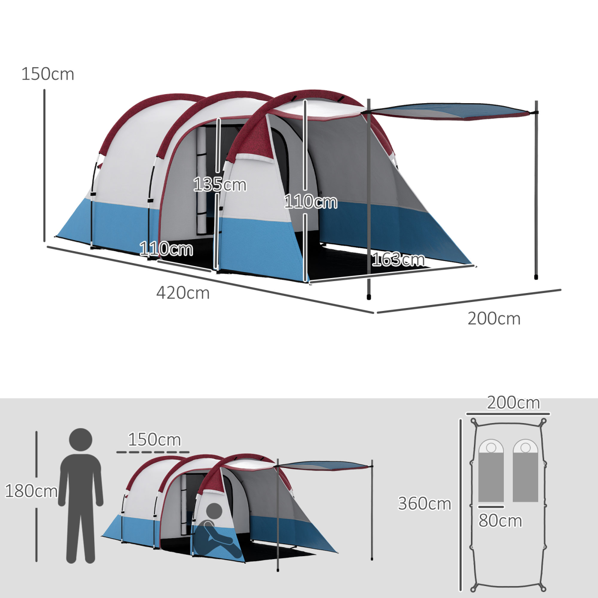 Outsunny 2-3 Person Family Camping Tunnel Tent with Living Room & Porch