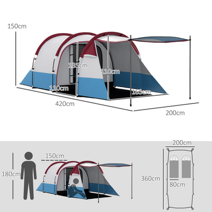 Outsunny 2-3 Person Family Camping Tunnel Tent with Living Room & Porch