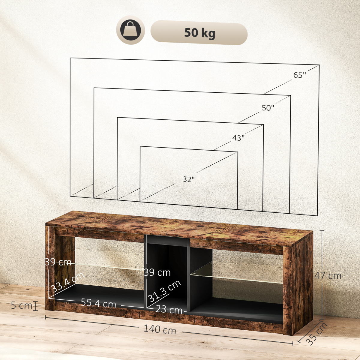 HOMCOM Rustic TV Stand with 7-Color LED Lights, 140cm Top (65in)