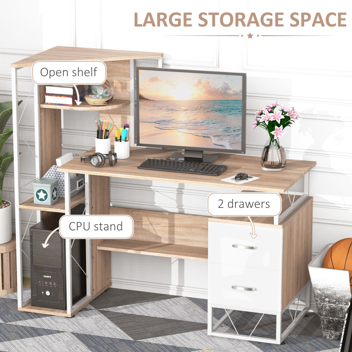 Elegant Oak & White Workstation Desk with 2 Drawers and Multi-Shelf Design