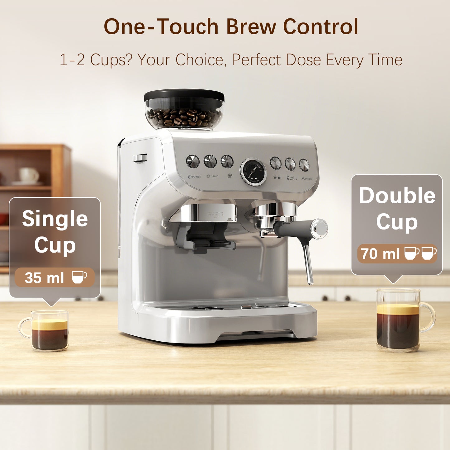 Espresso Machine, Bean Grinder & Steam Wand, 15 Bar Pressure, Silver.