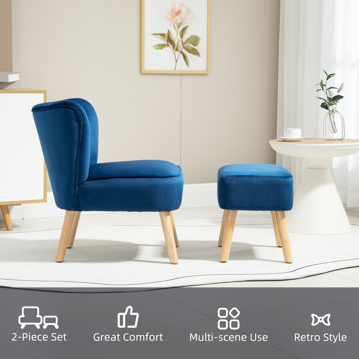 Luxurious Velvet Accent Chair & Ottoman Set - Dark Blue Comfort Redefined!