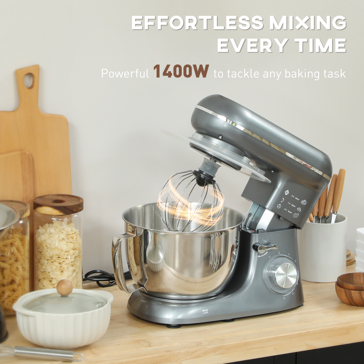 1300W Powerful Kitchen Stand Mixer with 4.5L Bowl & 6 Speeds - Silver