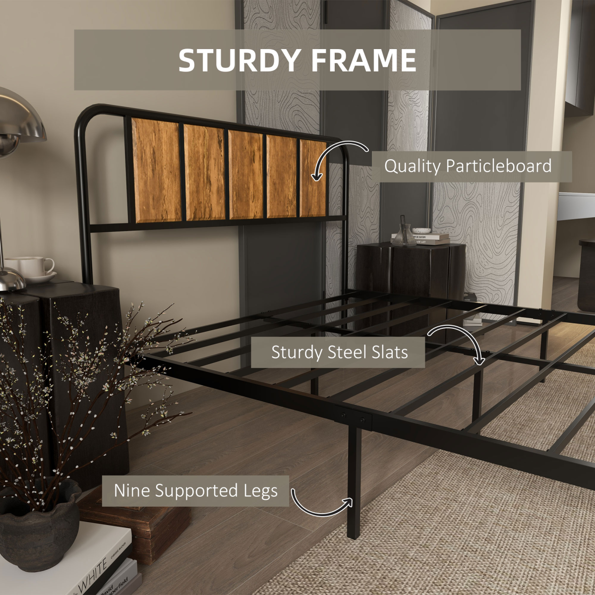 Industrial Steel Double Bed Frame with Headboard - Space-Saving Vintage Style